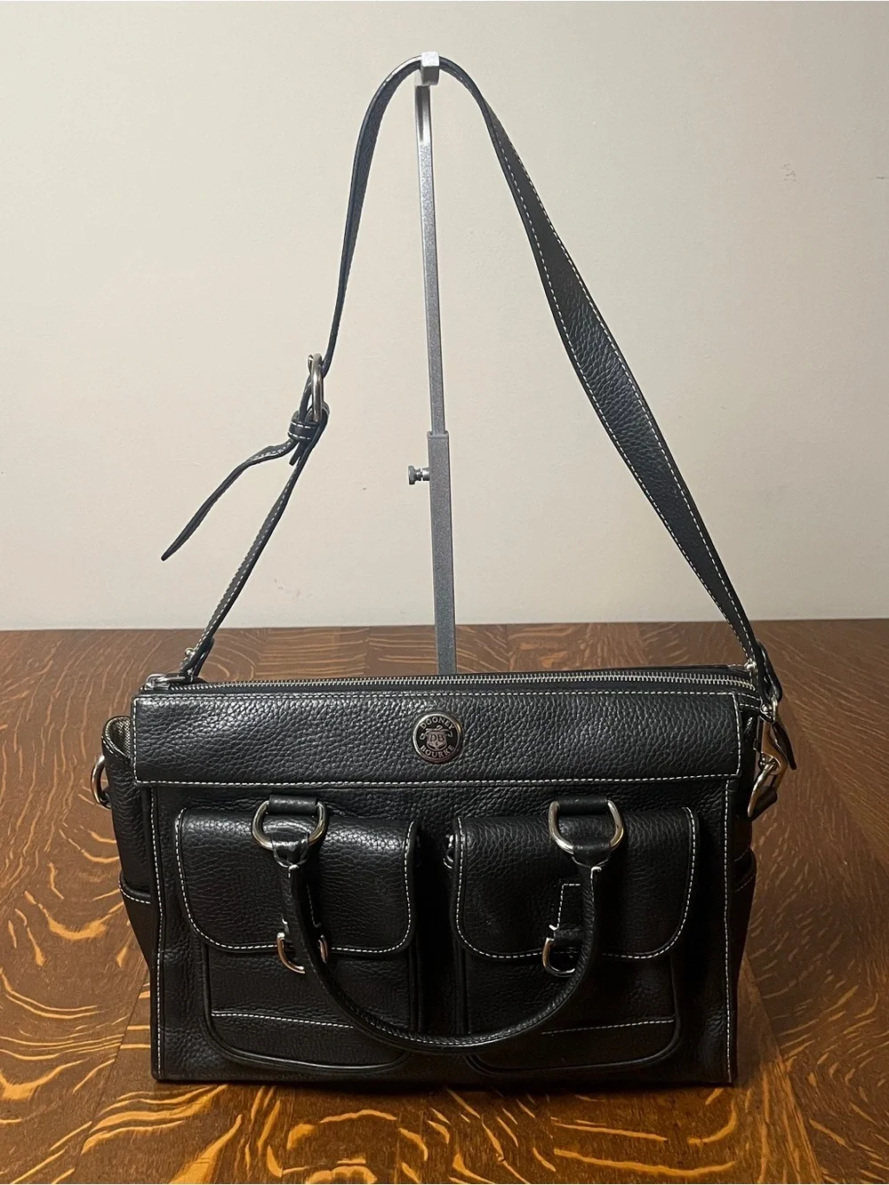 Dooney & Bourke Black Pebbled Leather Double Pocket Satchel